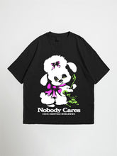 Black nobody cares oversized graphic t-shirt with a white poodle graphic and 'Nobody Cares' text on a light gray background