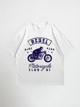 White rebel motors oversized graphic t-shirt with blue graphic design featuring a motorcycle and text on a white background