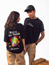 male and female model wearing black refuse to be ordinary oversized graphic t shirt showing back and front view of the t shirt