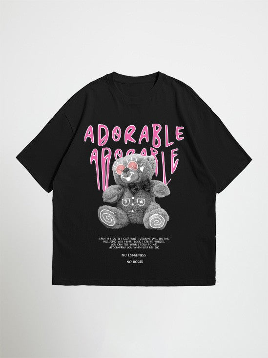 Front view of Adorable oversized black graphic t-shirt with cute teddy bear print Attire Essentials