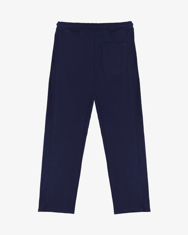 showing back side of navy blue straight pleated trouser