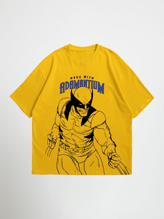 Yellow wolverine oversized graphic t-shirt with Wolverine graphic and 'Made with Adamantium' text on a white background