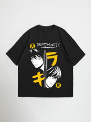 Black death note oversized graphic t-shirt with 'Death Note' graphic design featuring two characters and a pen on a white background.