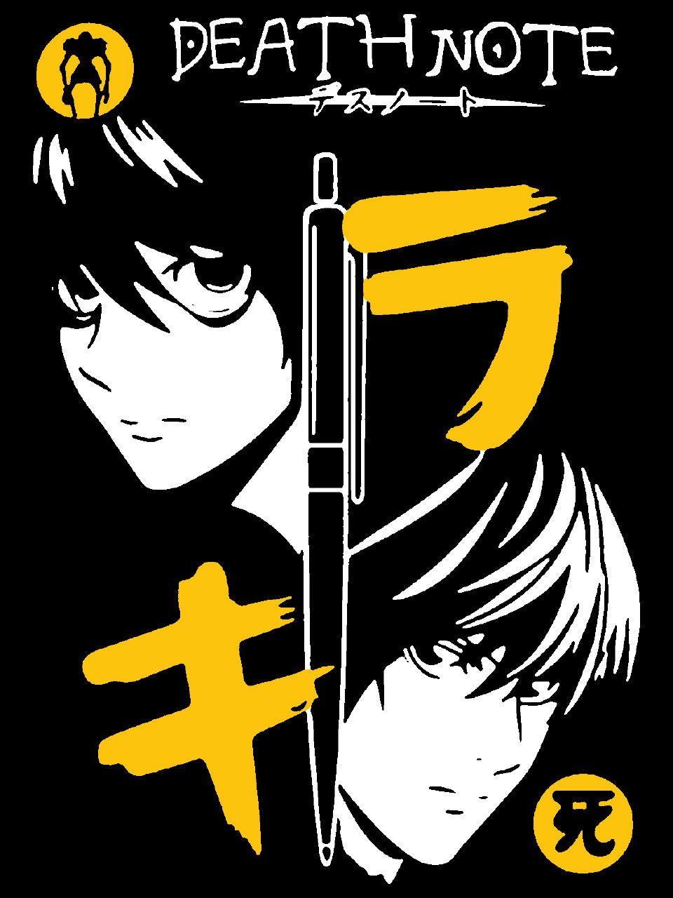 detailed graphic of death note oversized graphic t shirt ,Two characters from 'Death Note' with a pen and the show's title.
