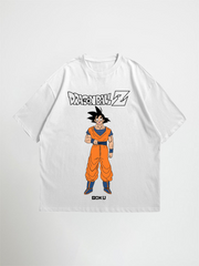 White dragon ball z oversized graphic t-shirt with Dragon Ball Z character design on a white background