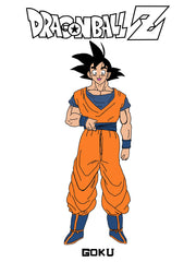 Character from Dragon Ball Z in orange and blue outfit on a white background