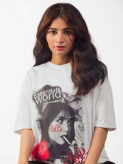 female model wearing white essentials oversized graphic t shirt showing the front side of the t shirt in a detail view