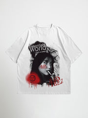 White essentials world oversized graphic t-shirt with graphic design featuring a person and text on a white background