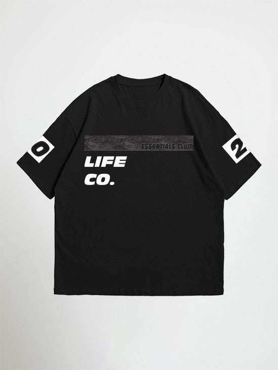 Black essentials club oversized graphic t-shirt with text and logos on a light gray background