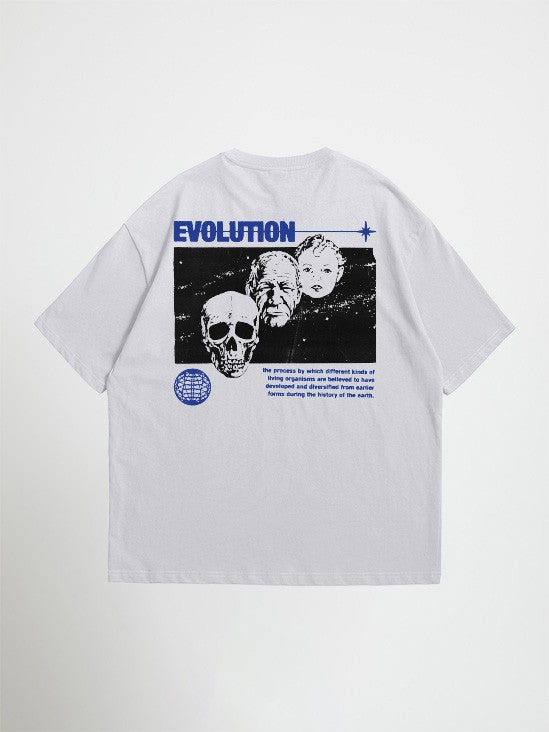 grey evolution oversized graphic t-shirt with graphic design on the back featuring skulls and text on a white background