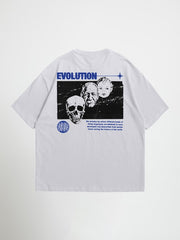 grey evolution oversized graphic t-shirt with graphic design on the back featuring skulls and text on a white background