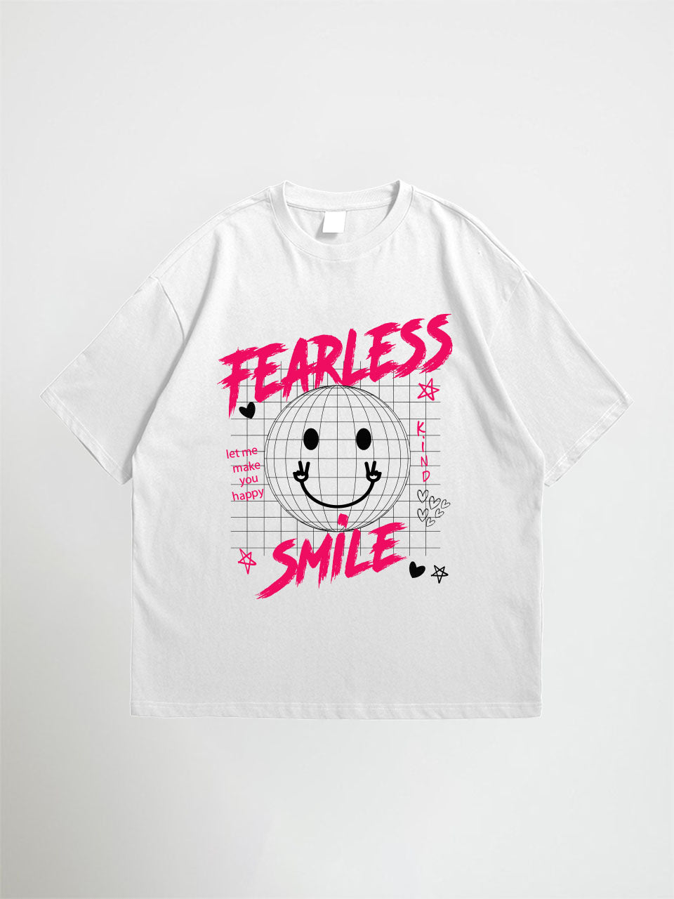 White fearless smile oversized t-shirt with pink and black graphic design on a white background