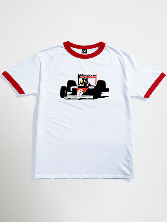 White formula 1 oversized graphic t-shirt with red accents featuring a Formula 1 car graphic on a light gray background