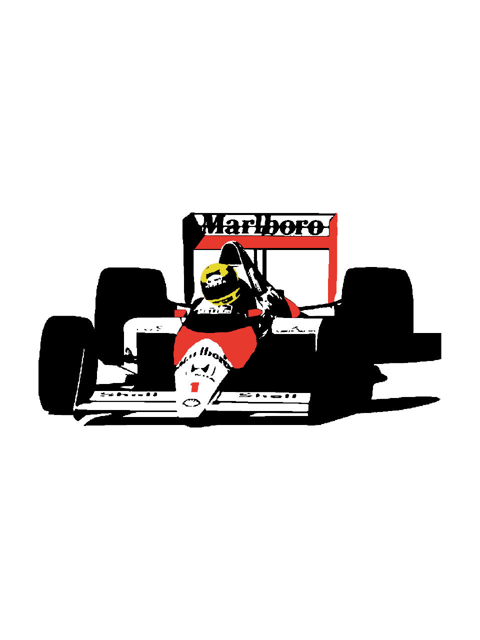 Fictional Formula One car with a driver on a white background