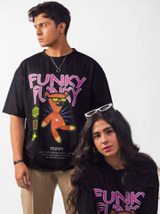 Male and female model wearing black funky funky oversized graphic t shirt showing front view while female model is sitting Attire Essentials