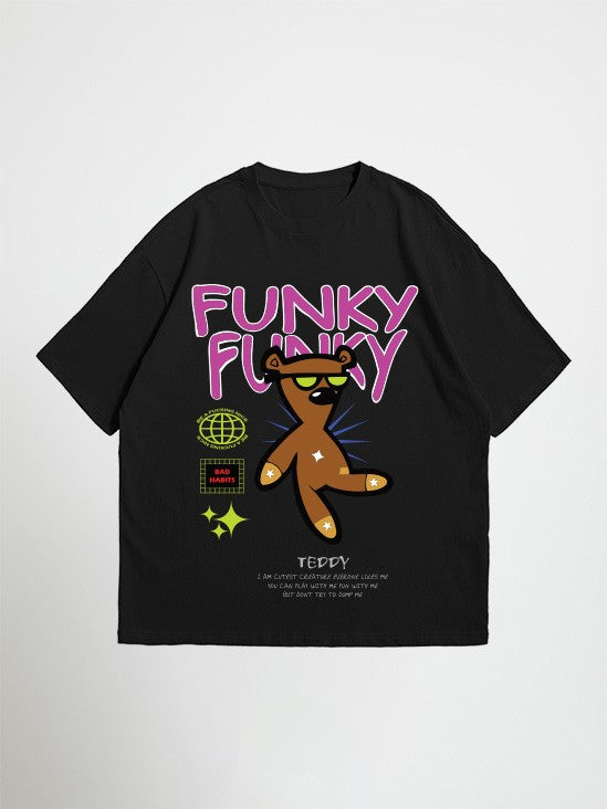 Front view of Funky Funky oversized Black graphic t-shirt with bear print Attire Essentials