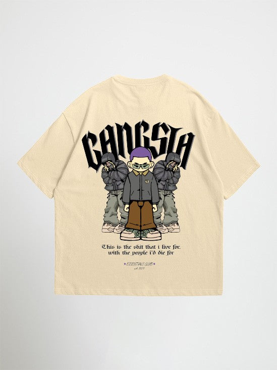 Beige t-shirt with cartoon characters and 'GANGSTA' text on a white background