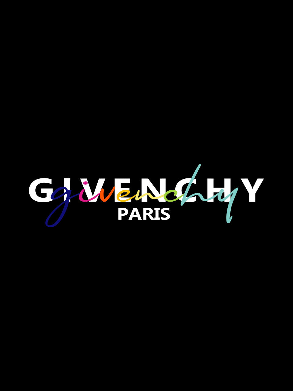 Givenchy logo with colorful 'givenchy' text on a black background