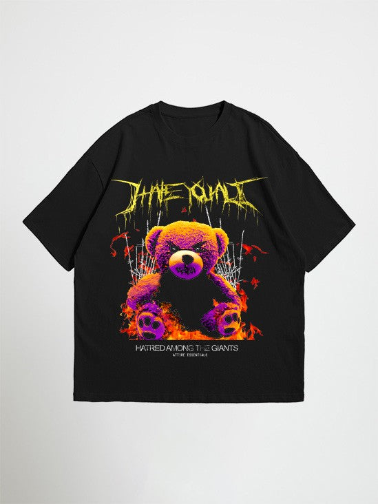 Black hate you all oversized graphic t-shirt with colorful bear graphic and text on a white background