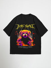 Black hate you all oversized graphic t-shirt with colorful bear graphic and text on a white background
