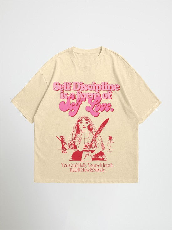 Beige in love with my self oversized graphic  t-shirt with pink and red graphic design and text on a light gray background