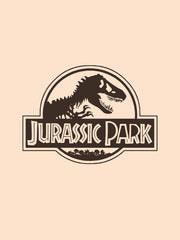 Jurassic Park logo with a dinosaur silhouette on a beige background