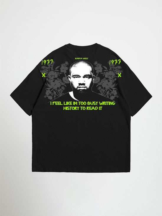 Black kanye west oversized graphic t-shirt with graphic design and text on a white background