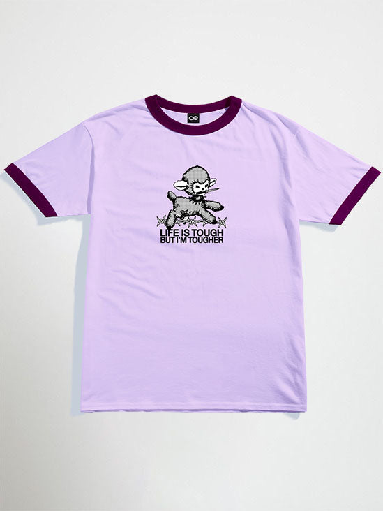 lilac oversized graphic t-shirt with purple trim featuring a graphic and text on a white background