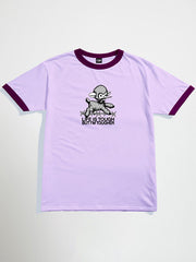 lilac oversized graphic t-shirt with purple trim featuring a graphic and text on a white background