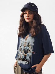 female model wearing blue lionel messi oversized graphic t shirt showing the side view