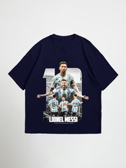 Navy blue oversized graphic t-shirt with Lionel Messi graphic on a white background