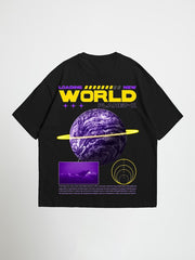 Black loading new world oversized graphic t-shirt with a graphic of a planet and text on a white background