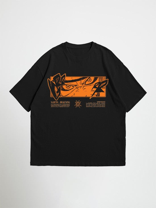Black naruto awakening oversized graphic t-shirt with orange graphic design on a white background