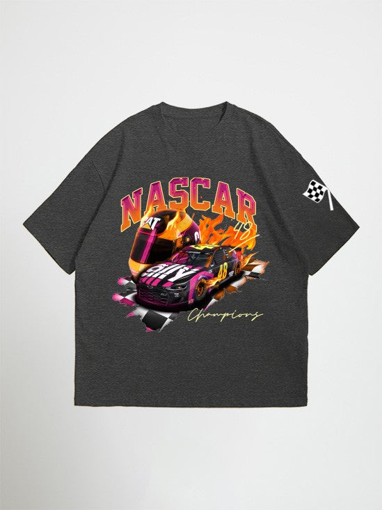 Gray oversized graphic t-shirt with Nascar graphic design on a white background