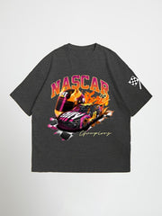 Gray oversized graphic t-shirt with Nascar graphic design on a white background