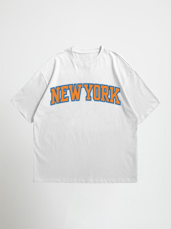 White newyork oversized graphic t-shirt with 'New York' text on a white background