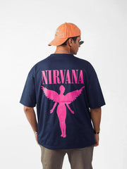male model wearing blue nirvana oversized graphic t shirt showing the back side of the t shirt