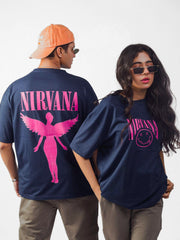 female and male model wearing blue nirvana oversized graphic t shirt showing the front and back side of the t shirt