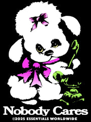 White teddy bear with pink bow and green flower on a black background, featuring 'Nobody Cares' text.