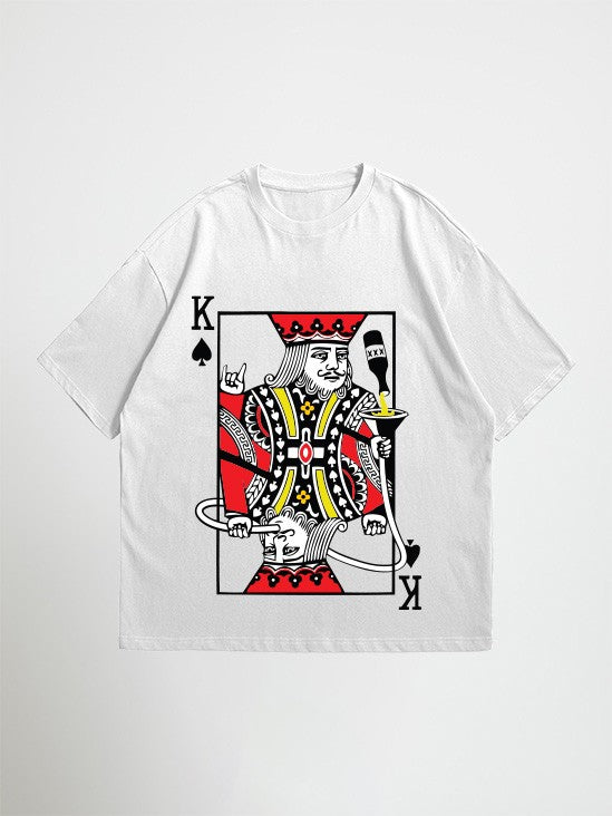 Front view of Party King oversized white graphic t-shirt with king card print Attire Essentials