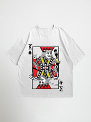 Front view of Party King oversized white graphic t-shirt with king card print Attire Essentials