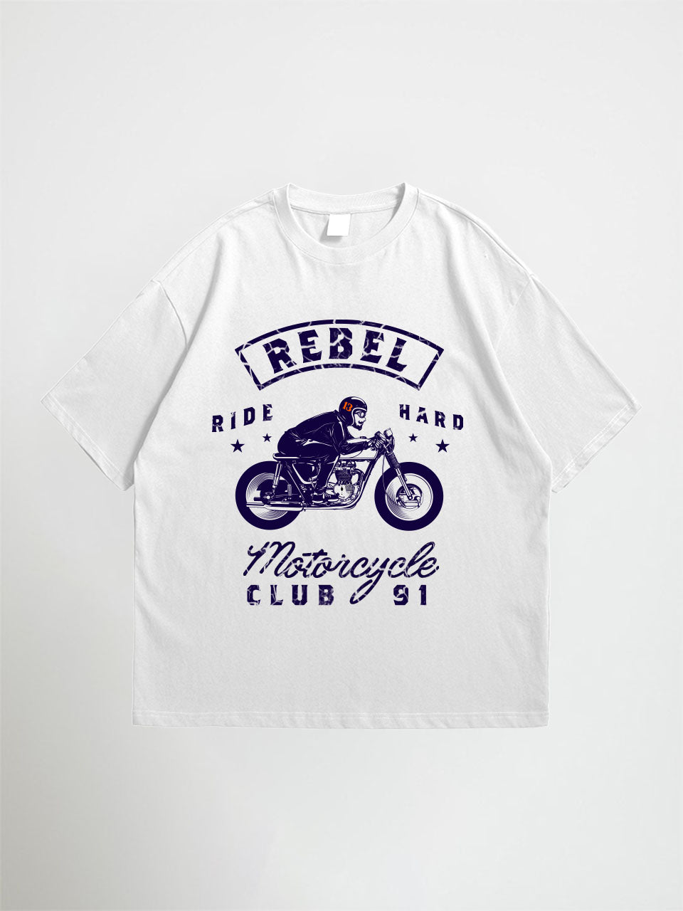 White rebel motors oversized graphic t-shirt with blue graphic design featuring a motorcycle and text on a white background