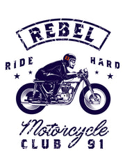 Motorcycle club graphic of white rebel motorcycle oversized with text 'Rebel Ride Hard Motorcycle Club 91' on a white background