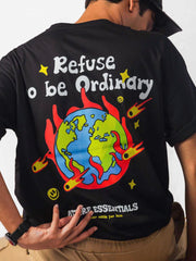 male model wearing black refuse to be ordinary oversized graphic t shirt showing back in detailed view