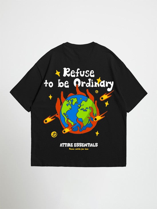 Black refuse to be ordinary oversized graphic t-shirt with a colorful graphic and text on a white background
