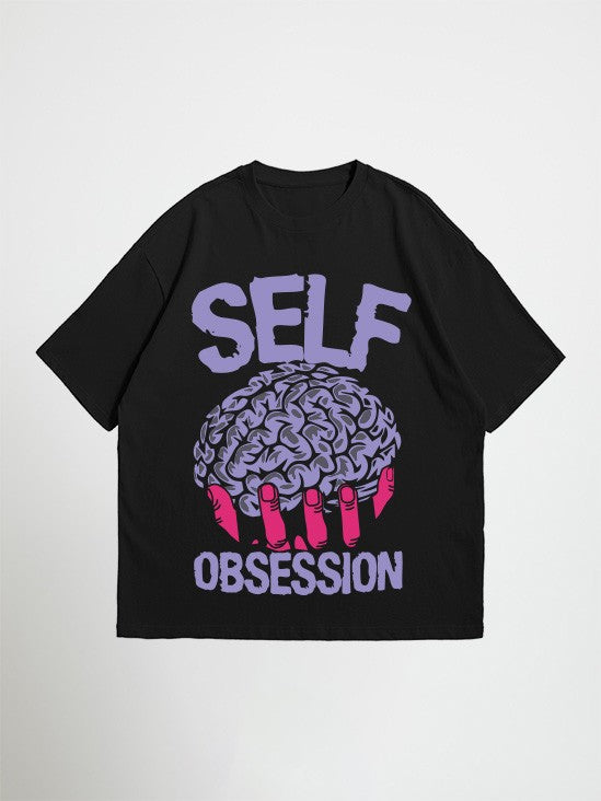 Black self obsession oversized graphic t-shirt with a graphic design of a brain and text on a white background
