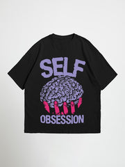 Black self obsession oversized graphic t-shirt with a graphic design of a brain and text on a white background