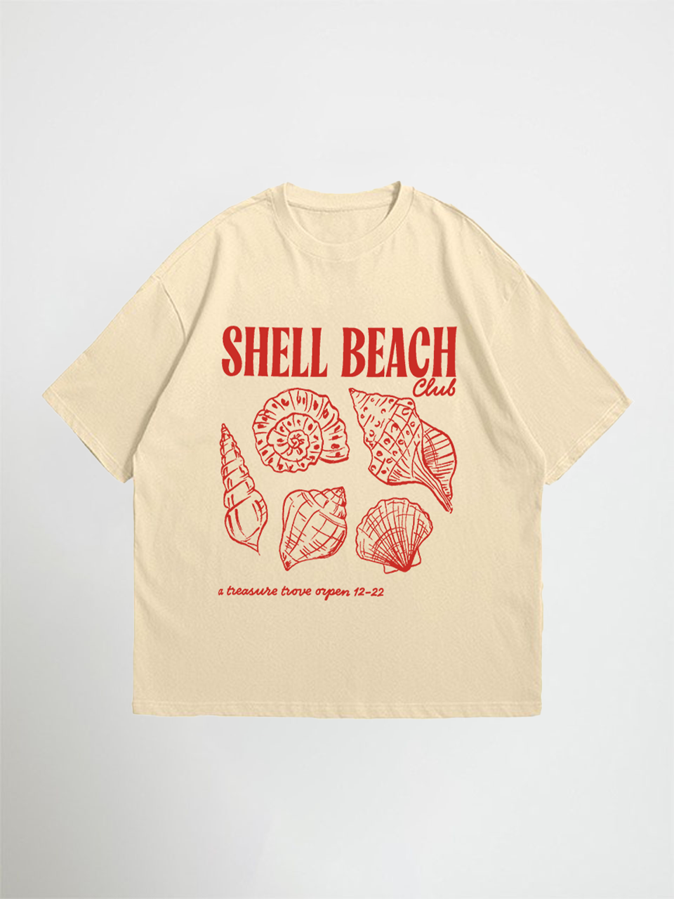 Beige shell beach club oversized graphic t-shirt with red 'Shell Beach Club' text and shell graphics on a light gray background