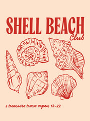 Shell Beach Club logo with seashells on a beige background