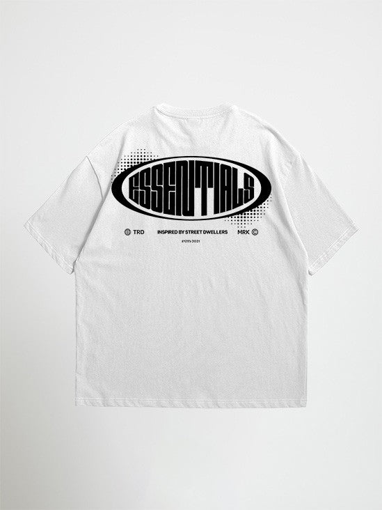 White street dwellers oversized graphic t-shirt with black logo and text on a white background